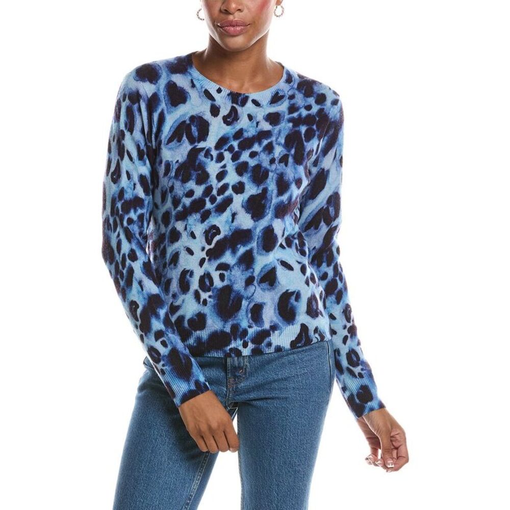 Autumn Cashmere Womens  Watercolor Print Cheetah Crewneck 100% Cashmere Sweater,